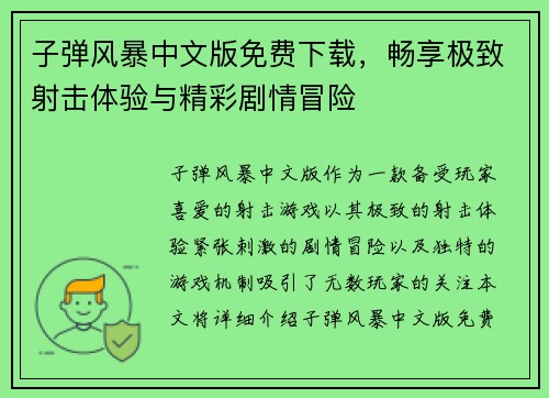 子弹风暴中文版免费下载，畅享极致射击体验与精彩剧情冒险